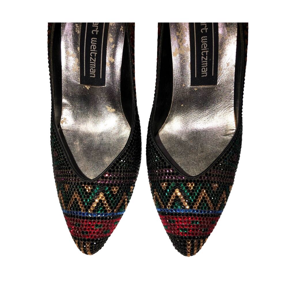 Vintage Stuart Weitzman Vinnie Rhinestone Aztec Geometric Pumps Black Size 5.5 - Picture 5 of 15